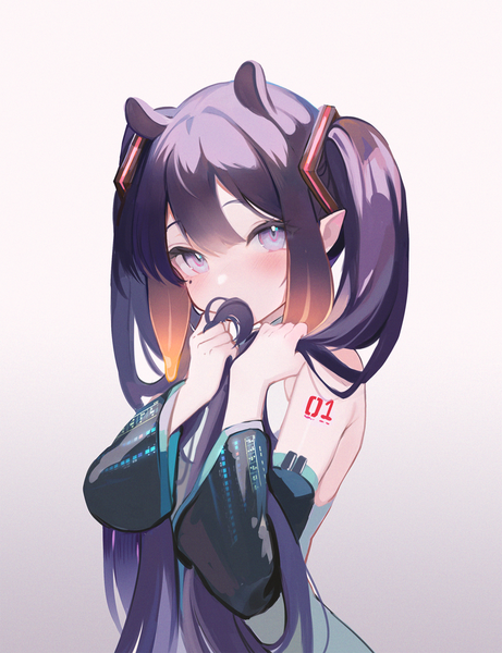 Anime picture 1200x1561 with vocaloid virtual youtuber hololive hololive english hatsune miku ninomae ina'nis koahri single long hair tall image looking at viewer blush fringe simple background purple eyes twintails purple hair pointy ears mole tattoo