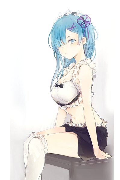 Anime picture 682x1026 with re:zero kara hajimeru isekai seikatsu white fox rem (re:zero) lpip single long hair tall image looking at viewer blush fringe breasts blue eyes simple background sitting bare shoulders blue hair cleavage hair over one eye arm support bare belly