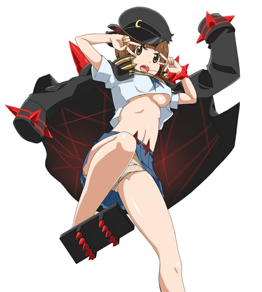 Anime picture 900x1000 with kill la kill studio trigger mankanshoku mako ribonzu (artist) single tall image short hair breasts open mouth light erotic simple background brown hair white background brown eyes from below midriff pantyshot underboob victory jumping