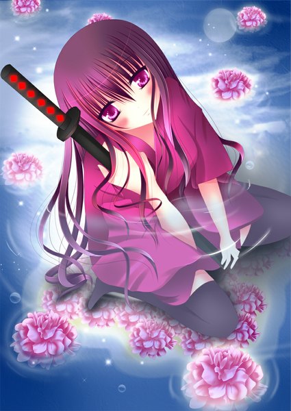 Anime picture 780x1100 with original toshi (1-147) single long hair tall image looking at viewer blush purple eyes purple hair girl thighhighs flower (flowers) weapon black thighhighs sword water katana