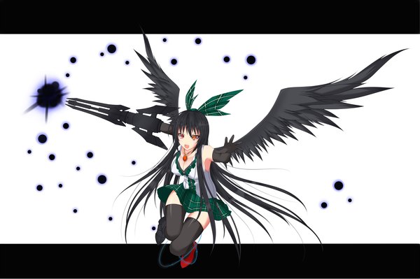 Anime picture 2000x1333 with touhou reiuji utsuho gmot single long hair highres open mouth black hair simple background red eyes white background arm cannon girl thighhighs skirt gloves bow weapon black thighhighs hair bow