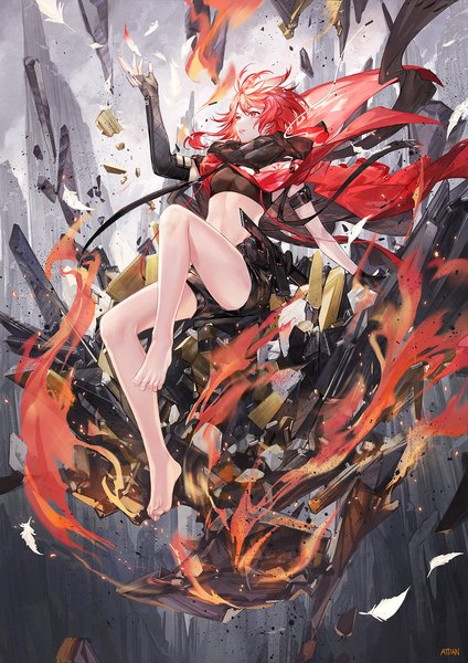 Anime picture 1131x1600 with vocaloid synthesizer v atdan single tall image fringe short hair hair between eyes red eyes sitting signed looking away full body bent knee (knees) red hair parted lips barefoot arm up bare legs girl