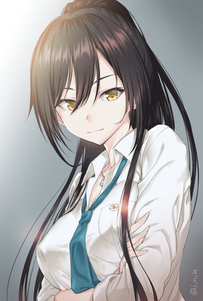 Anime picture 811x1200 with idolmaster idolmaster shiny colors shirase sakuya inu (aerodog) single long hair tall image looking at viewer blush fringe breasts black hair simple background smile hair between eyes standing signed yellow eyes upper body ponytail