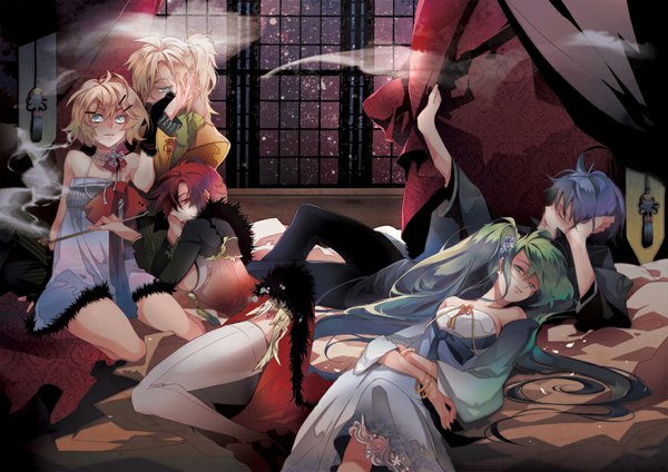 Anime picture 1100x778 with vocaloid hatsune miku kagamine rin kagamine len kaito (vocaloid) meiko nishi ainshaie light erotic blonde hair twintails aqua eyes green hair group smoking girl window star (stars) jewelry