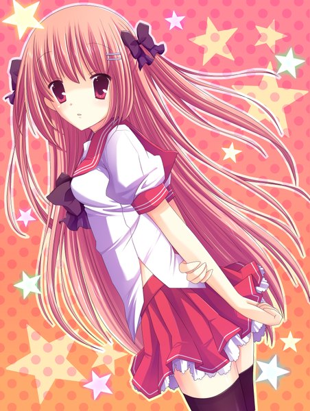 Anime picture 2862x3800 with ringonotane (muku) single long hair tall image looking at viewer highres red eyes red hair looking back two side up holding arm girl thighhighs skirt hair ornament bow black thighhighs hair bow miniskirt serafuku