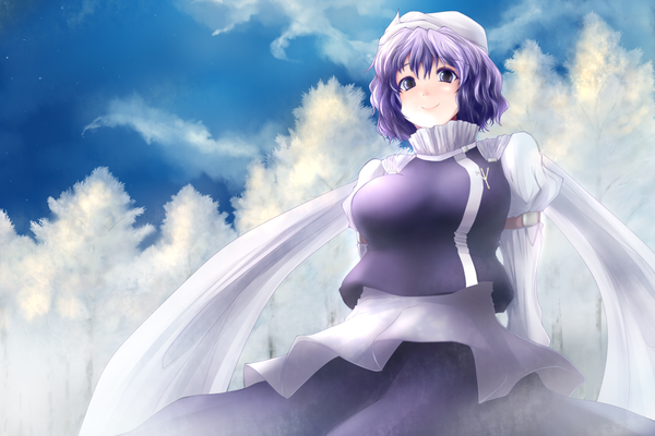 Anime picture 1092x728 with touhou letty whiterock tama go (artist) single looking at viewer short hair smile purple eyes sky purple hair cloud (clouds) winter girl dress plant (plants) tree (trees)