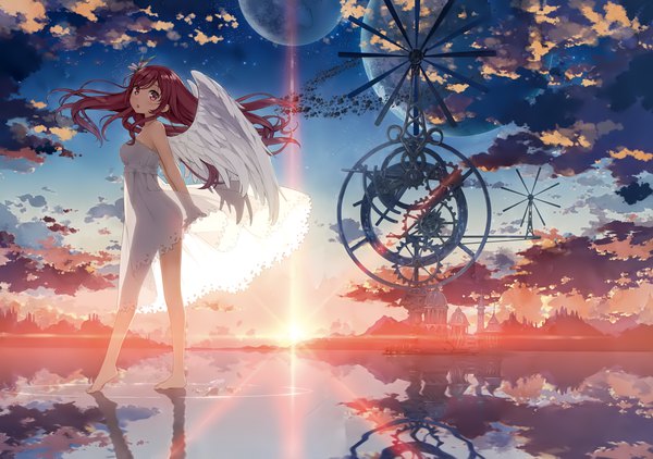 Anime picture 4976x3500 with original 5 nenme no houkago kurumi (kantoku) kantoku single long hair blush highres light erotic red eyes bare shoulders absurdres sky cloud (clouds) full body red hair barefoot wind sunlight scan
