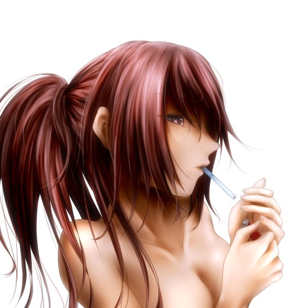 Anime picture 1200x1200 with original husky (artist) single long hair fringe light erotic simple background white background purple eyes bare shoulders holding cleavage ponytail red hair profile fingernails mouth hold girl cigarette lighter