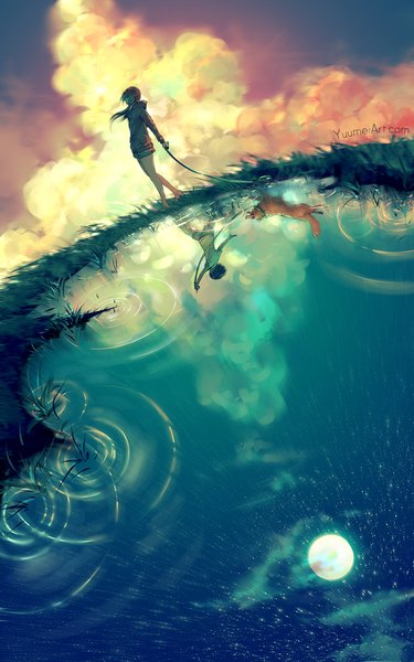 Anime picture 1250x2000 with original yuumei single long hair tall image black hair signed looking away sky cloud (clouds) barefoot wind watermark reflection walking running ripples girl plant (plants) animal