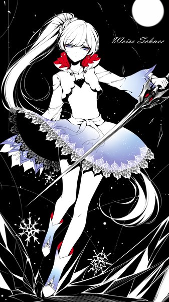 Anime picture 1800x3200 with rwby rooster teeth weiss schnee sheya single tall image looking at viewer fringe highres blue eyes standing full body white hair character names side ponytail black background standing on one leg polychromatic girl dress