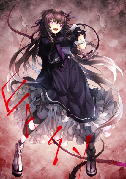 Anime picture 1329x1879 with drifters easy (drifters) mia (gute-nacht-07) single tall image looking at viewer blush fringe open mouth smile hair between eyes brown hair standing full body white hair very long hair pink eyes multicolored hair arm up character names