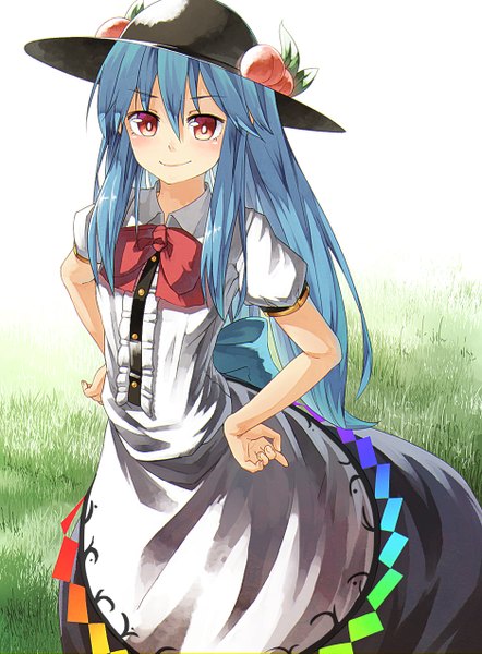 Anime picture 938x1273 with touhou hinanawi tenshi ibuki notsu single long hair tall image looking at viewer blush smile red eyes blue hair from above hands on hips girl dress plant (plants) hat grass fruit peach