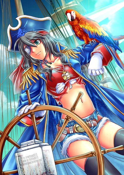 Anime picture 2480x3508 with original arseniquez single long hair tall image highres black hair midriff torn clothes pirate girl thighhighs gloves navel black thighhighs shorts eyepatch watercraft ship pirate hat
