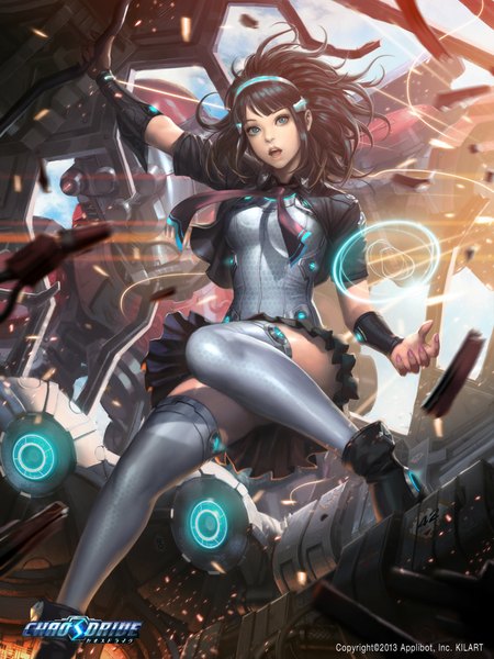 Anime picture 750x1000 with chaos drive maki ayaka kilart (artist) single tall image fringe short hair open mouth blue eyes black hair standing holding looking away sky cloud (clouds) bent knee (knees) outdoors nail polish pleated skirt fingernails