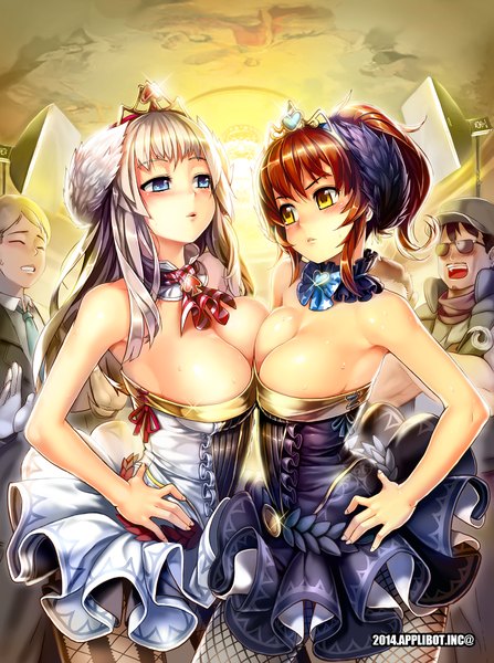 Anime picture 1200x1608 with furyou michi ~gang road~ xil (artist) long hair tall image blush breasts blue eyes light erotic brown hair bare shoulders multiple girls yellow eyes cleavage silver hair hand on hip girl dress boy hair ornament 2 girls