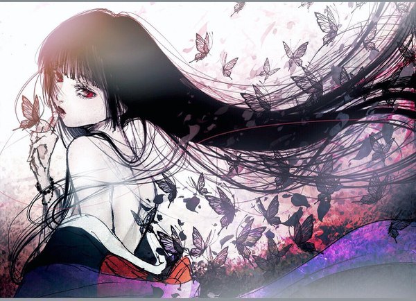 Anime-Bild 1200x869 mit hell girl studio deen enma ai kuroe (pixiv5268156) single long hair fringe open mouth light erotic black hair red eyes payot blunt bangs traditional clothes japanese clothes wind off shoulder butterfly on hand hime cut girl