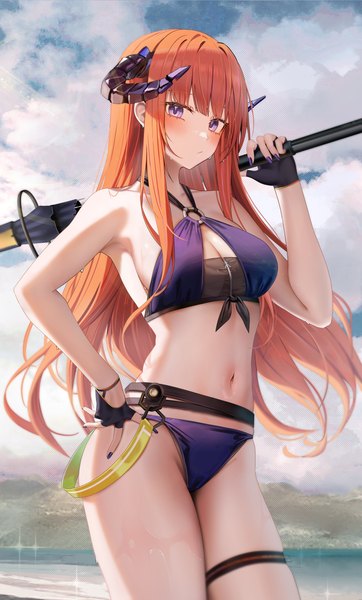 Anime picture 3861x6400 with arknights bagpipe (arknights) ru zhai single long hair tall image looking at viewer blush fringe highres breasts light erotic large breasts standing purple eyes holding absurdres sky cloud (clouds) outdoors
