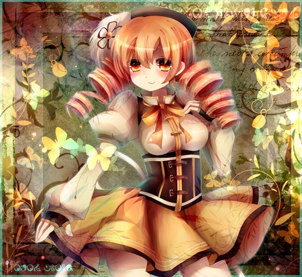 Anime picture 1700x1560 with mahou shoujo madoka magica shaft (studio) tomoe mami maho moco highres blonde hair hair between eyes twintails orange eyes drill hair framed girl gloves bow hat fingerless gloves