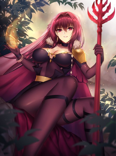 Anime picture 1130x1522 with fate (series) fate/grand order scathach (fate) (all) scathach (fate) mallizmora single long hair tall image looking at viewer fringe breasts light erotic hair between eyes red eyes large breasts sitting holding payot cleavage red hair