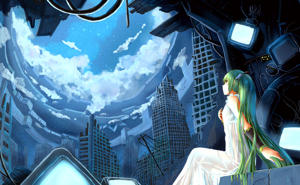 Anime picture 4535x2806 with vocaloid hatsune miku zen (weishanzhe) long hair fringe highres wide image sitting twintails absurdres sky profile aqua eyes aqua hair night alternate costume crossed legs city looking up cityscape