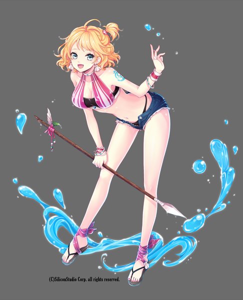 Anime picture 810x1000 with original millgua single tall image looking at viewer short hair open mouth blue eyes light erotic blonde hair grey background midriff tattoo girl navel weapon water shorts short shorts spear