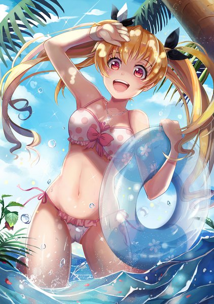 Anime picture 800x1136 with original l.bou single long hair tall image open mouth light erotic blonde hair red eyes twintails looking away sky cloud (clouds) sparkle partially submerged cameltoe hand on head girl bow swimsuit