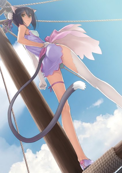 Anime picture 1282x1817 with shining (series) shining hearts shining tears shaomei rin tony taka single tall image short hair light erotic black hair brown eyes animal ears absurdres sky cloud (clouds) tail animal tail looking back cat ears official art