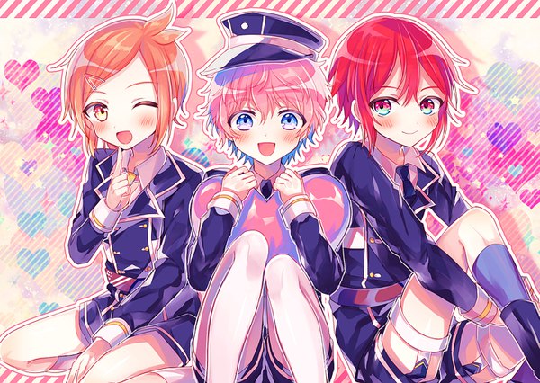 Anime picture 1427x1014 with touken ranbu nitroplus akita toushirou shinano toushirou houchou toushirou abandon ranka looking at viewer blush fringe short hair open mouth blue eyes hair between eyes red eyes sitting pink hair red hair :d one eye closed wink