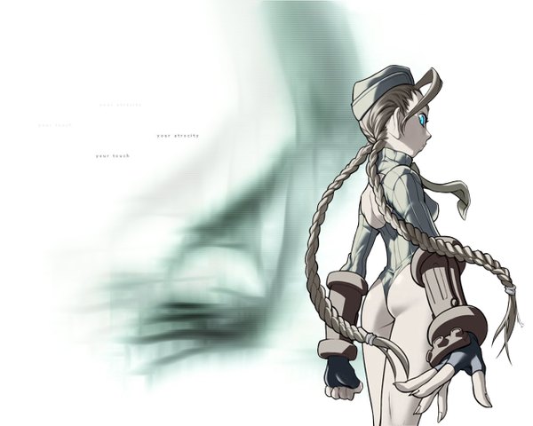 Anime picture 1280x1024 with street fighter capcom cammy white single long hair blue eyes light erotic simple background blonde hair ahoge ass braid (braids) looking back from behind inscription bare legs twin braids girl gloves necktie