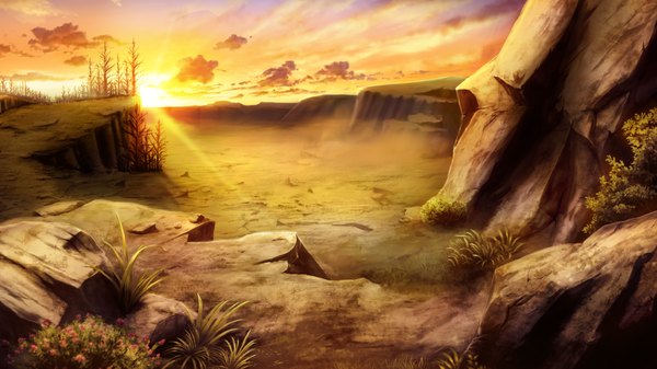 Anime picture 1280x720 with madou koukaku eushully wide image game cg sky cloud (clouds) horizon no people landscape rock plant (plants) tree (trees)