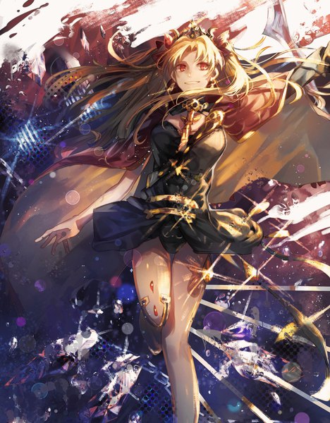 Anime picture 1722x2209 with fate (series) fate/grand order ereshkigal (fate) tsugutoku single long hair tall image fringe highres light erotic blonde hair smile red eyes standing looking away arm up sparkle two side up grin thigh gap