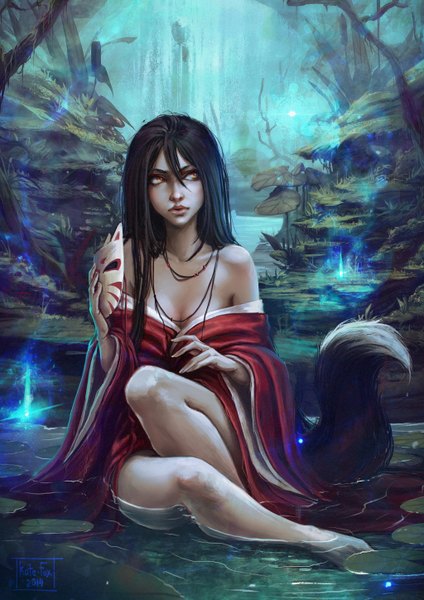 Anime picture 1024x1448 with original katrin fox kate-fox long hair tall image black hair sitting bare shoulders holding yellow eyes looking away bent knee (knees) tail long sleeves animal tail barefoot wide sleeves bare legs no shoes fox tail