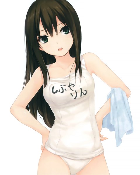 Anime picture 1710x2143 with idolmaster idolmaster cinderella girls shibuya rin coffee-kizoku single long hair tall image fringe highres breasts open mouth light erotic simple background hair between eyes brown hair large breasts standing white background bare shoulders green eyes