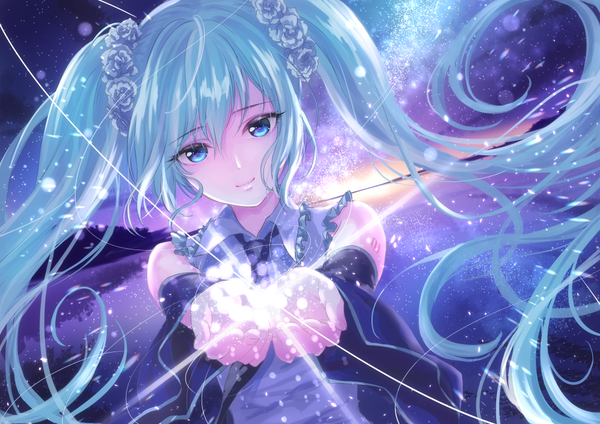 Anime picture 1000x707 with vocaloid hatsune miku yuuki (yukinko-02727) single long hair looking at viewer fringe hair between eyes twintails bare shoulders upper body outdoors hair flower aqua eyes light smile aqua hair night wide sleeves tattoo dutch angle