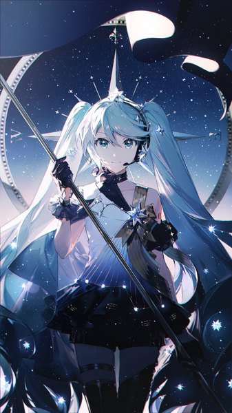Anime picture 1137x2022 with vocaloid hatsune miku polaris miku rella single tall image looking at viewer fringe blue eyes smile hair between eyes standing twintails holding blue hair very long hair girl gloves black gloves shorts