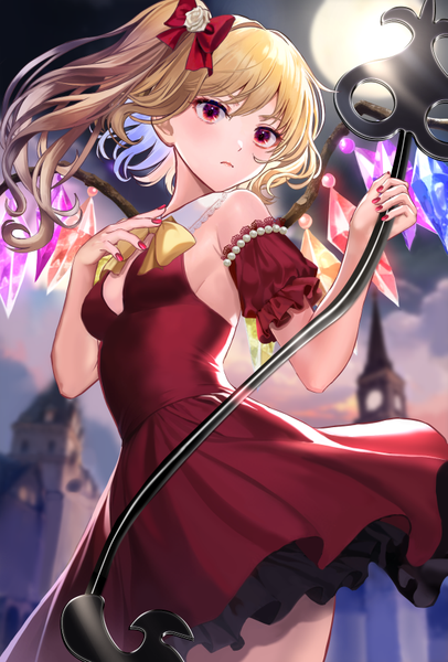 Anime picture 591x874 with touhou flandre scarlet uemura shun single tall image short hair blonde hair red eyes holding looking away outdoors nail polish alternate costume one side up hand on chest girl dress bow weapon hair bow