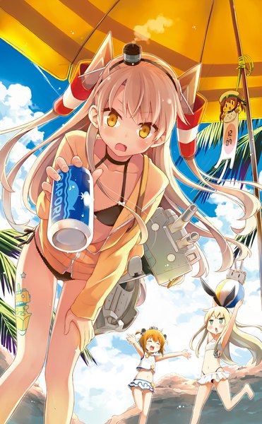 Anime picture 700x1131 with kantai collection shimakaze destroyer rensouhou-chan amatsukaze destroyer rensouhou-kun yukikaze destroyer error musume (kantai collection) batsubyou eretto long hair tall image looking at viewer blush short hair open mouth light erotic blonde hair brown hair multiple girls yellow eyes