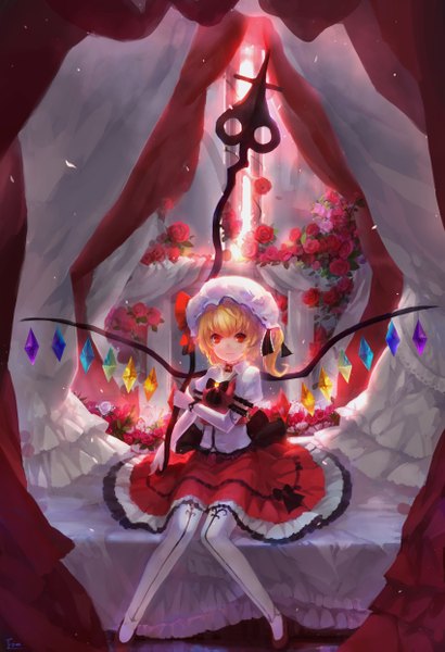 Anime picture 1700x2485 with touhou flandre scarlet fom (lifotai) single tall image looking at viewer short hair blonde hair red eyes sitting one side up girl dress gloves flower (flowers) weapon wings elbow gloves frills rose (roses)