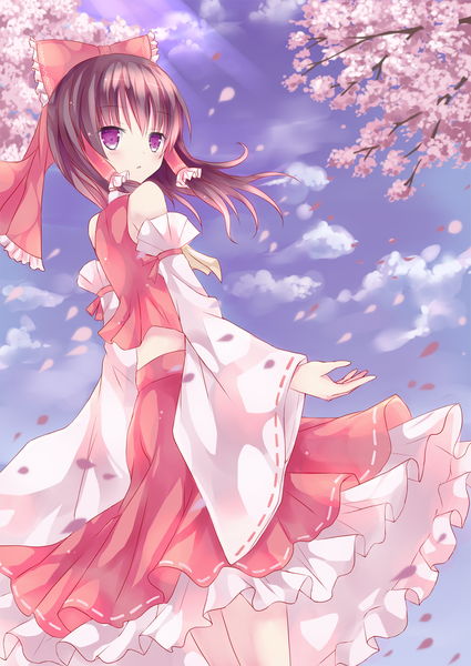 Anime picture 1096x1546 with touhou hakurei reimu mizumidori single long hair tall image black hair red eyes cloud (clouds) looking back cherry blossoms girl skirt bow hair bow detached sleeves petals skirt set
