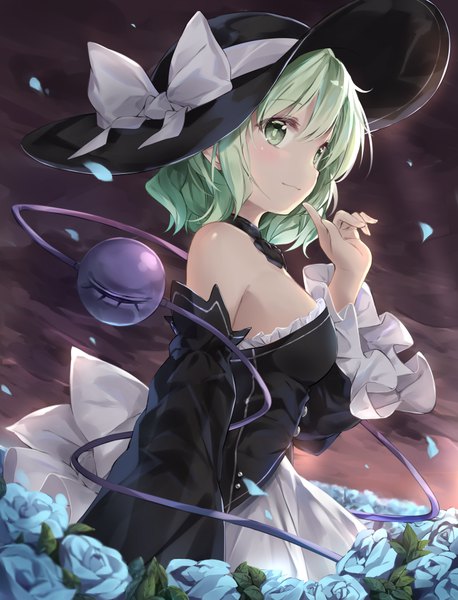 Anime picture 748x980 with touhou komeiji koishi izuru single tall image blush fringe short hair breasts hair between eyes bare shoulders green eyes looking away sky outdoors long sleeves green hair wide sleeves alternate costume finger to mouth