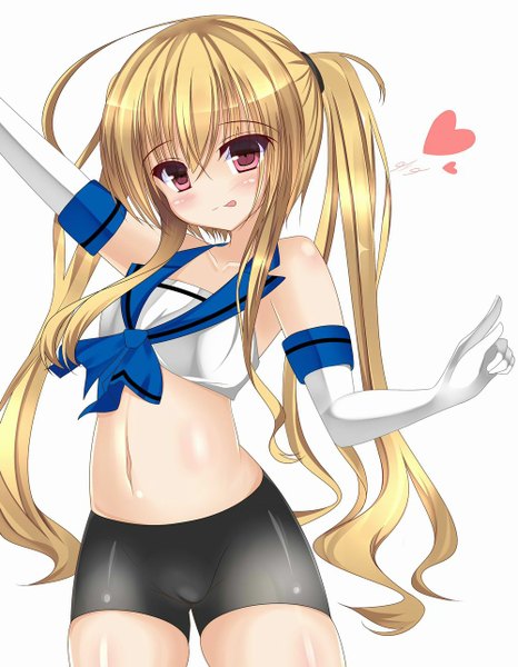 Anime picture 1000x1285 with original lieselotte (artist) single long hair tall image looking at viewer blush light erotic simple background blonde hair red eyes white background bare belly midriff cameltoe girl gloves navel elbow gloves tongue