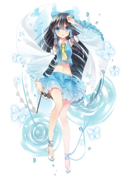 Anime picture 1191x1684 with touhou hakurei reimu tika (mika4975) single long hair tall image looking at viewer blush blue eyes black hair white background traditional clothes miko alternate color girl skirt bow hair bow detached sleeves insect