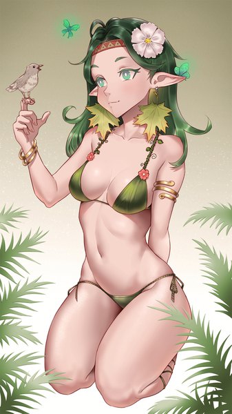 Anime picture 1200x2133 with original cheshirrr single long hair tall image breasts light erotic simple background bare shoulders green eyes looking away ahoge bent knee (knees) arm up hair flower green hair light smile pointy ears bare legs bare belly