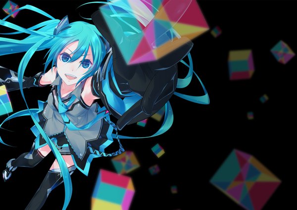 Anime picture 1600x1131 with vocaloid magical mirai (vocaloid) hatsune miku magical mirai miku magical mirai miku (2014) monq (artist) single looking at viewer open mouth blue eyes twintails very long hair pleated skirt aqua hair wide sleeves official art zettai ryouiki outstretched arm perspective girl