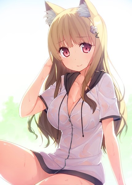Anime picture 600x839 with original siva (executor) single long hair tall image blush fringe breasts light erotic blonde hair smile large breasts sitting animal ears cleavage blunt bangs pink eyes sunlight cat ears wet