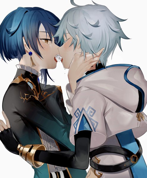 Anime picture 3379x4096 with genshin impact chongyun (genshin impact) xingqiu (genshin impact) yoko (nz g) tall image blush highres short hair simple background white background yellow eyes blue hair absurdres upper body eyes closed profile multiple boys couple kiss shounen ai