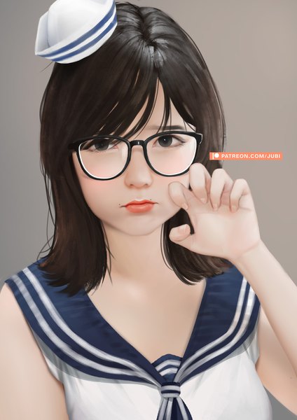 Anime picture 2480x3508 with real life ditta amelia saraswati jubi (regiana) single tall image looking at viewer fringe highres short hair black hair simple background signed black eyes realistic grey background mole sleeveless lipstick portrait sailor collar