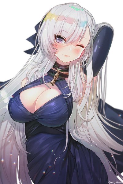 Anime picture 1006x1500 with azur lane belfast (azur lane) belfast (the noble attendant) (azur lane) hanato (seonoaiko) single long hair tall image looking at viewer blush fringe breasts blue eyes light erotic simple background hair between eyes large breasts white background signed cleavage silver hair