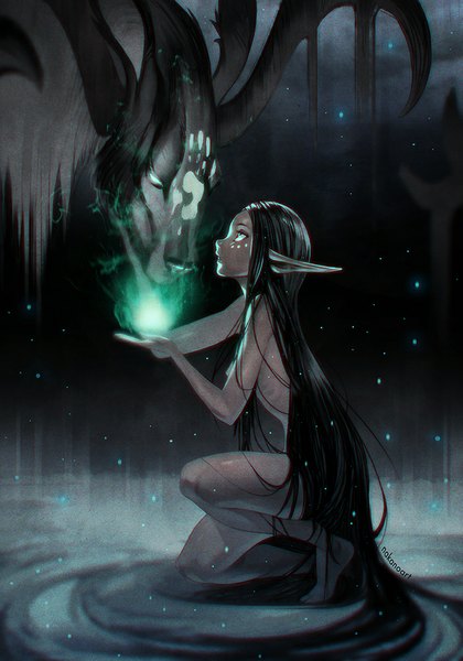 Anime picture 700x1000 with original nakanoart tall image light erotic black hair sitting looking away bent knee (knees) very long hair profile horn (horns) pointy ears outstretched arm facial mark squat elf footprints dark elf girl animal
