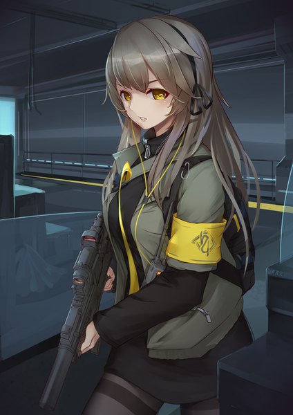 Anime picture 992x1403 with girls frontline ump40 (girls frontline) liu lan single long hair tall image fringe brown hair standing holding yellow eyes indoors long sleeves parted lips girl ribbon (ribbons) weapon hair ribbon pantyhose headphones